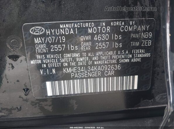 KMHE34L34KA092636 2019 HYUNDAI SONATA HYBRID Черный Вид подкапотного пространства