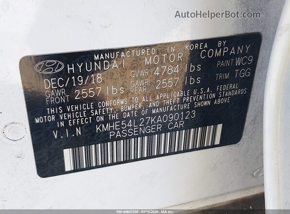 KMHE54L27KA090123 2019 HYUNDAI SONATA PLUG-IN HYBRID White ძრავის განყოფილების ხედი