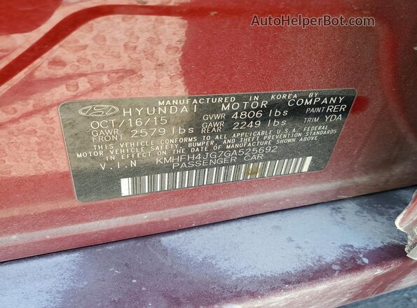 KMHFH4JG7GA525692 2016 HYUNDAI AZERA Red VIN կոդի պիտակի տեսք