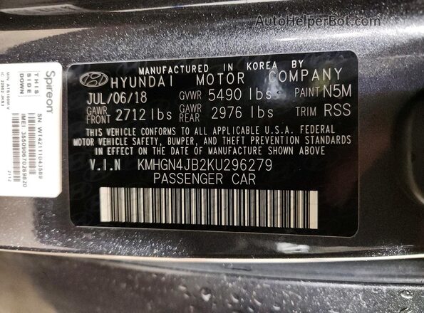 KMHGN4JB2KU296279 2019 GENESIS G80 Gray Widok komory silnika