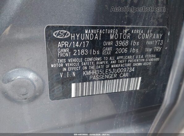 KMHH35LE5JU009734 2018 HYUNDAI ELANTRA GT Gray Widok komory silnika