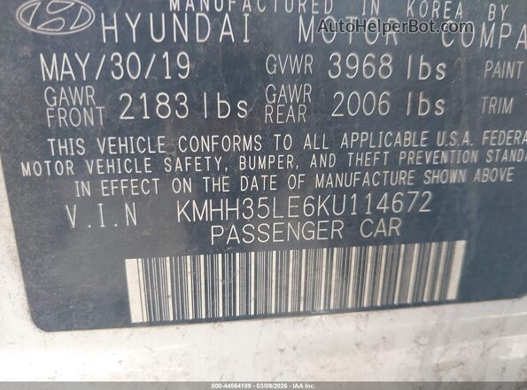 KMHH35LE6KU114672 2019 HYUNDAI ELANTRA GT White Вид підкапотного простору