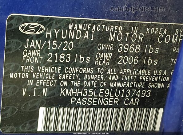 KMHH35LE9LU137493 2020 HYUNDAI ELANTRA GT Blue Engine compartment view