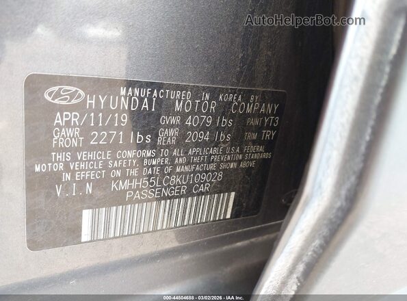 KMHH55LC8KU109028 2019 HYUNDAI ELANTRA GT Gray Вид підкапотного простору