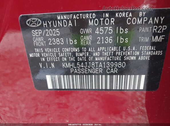 KMHL54JJ8TA139980 2026 HYUNDAI SONATA HYBRID Maroon Vista del compartimento del motor