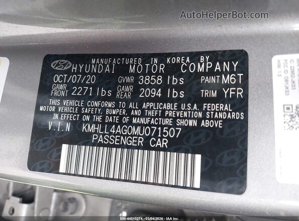 KMHLL4AG0MU071507 2021 HYUNDAI ELANTRA Gray Engine compartment view
