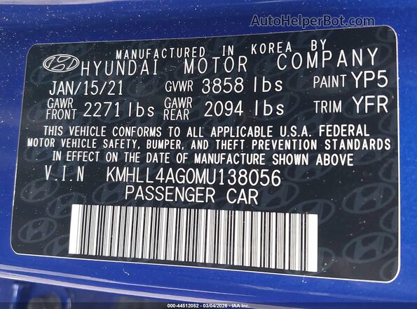 KMHLL4AG0MU138056 2021 HYUNDAI ELANTRA Blue Engine compartment view