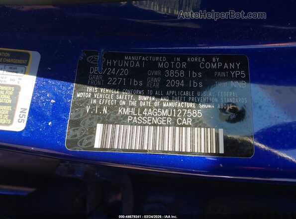 KMHLL4AG5MU127585 2021 HYUNDAI ELANTRA Blue Widok komory silnika