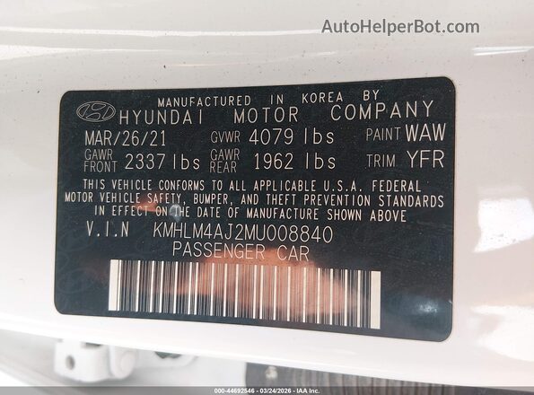 KMHLM4AJ2MU008840 2021 HYUNDAI ELANTRA HYBRID Белый Вид подкапотного пространства