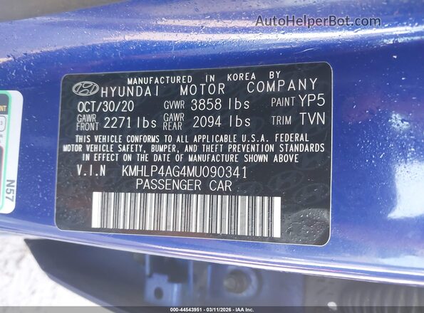 KMHLP4AG4MU090341 2021 HYUNDAI ELANTRA Blue Vista del compartimento del motor