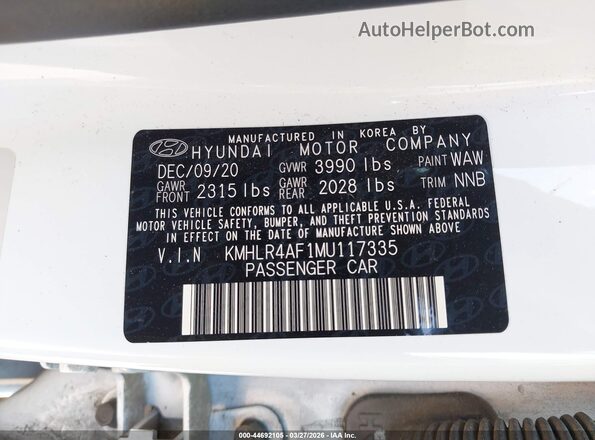 KMHLR4AF1MU117335 2021 HYUNDAI ELANTRA White Շարժիչի բաժամունքի տեսք