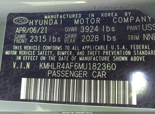 KMHLR4AF6MU182360 2021 HYUNDAI ELANTRA Gray Engine compartment view