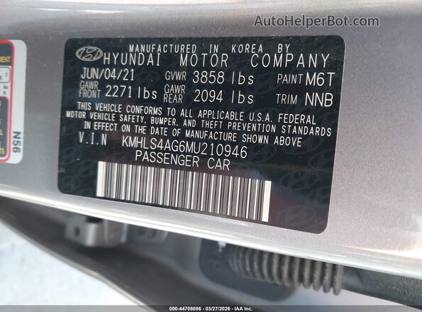 KMHLS4AG6MU210946 2021 HYUNDAI ELANTRA Gray Вид підкапотного простору