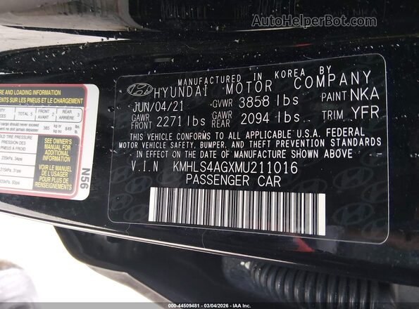 KMHLS4AGXMU211016 2021 HYUNDAI ELANTRA Black Engine compartment view