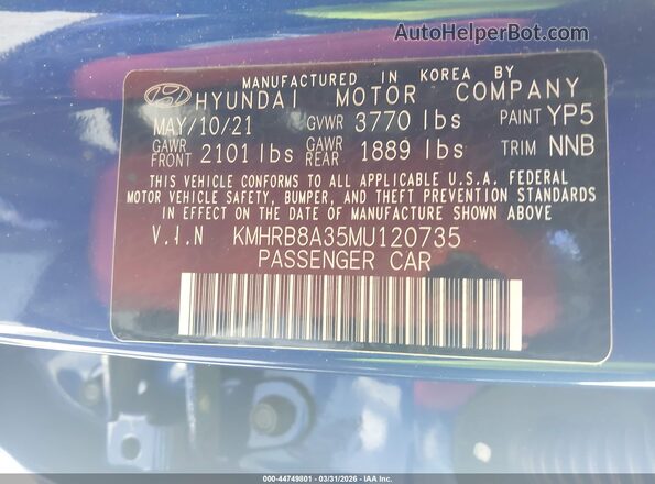 KMHRB8A35MU120735 2021 HYUNDAI VENUE Blue Widok komory silnika