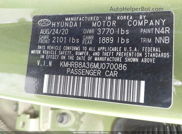 KMHRB8A36MU070086 2021 HYUNDAI VENUE Green Շարժիչի բաժամունքի տեսք
