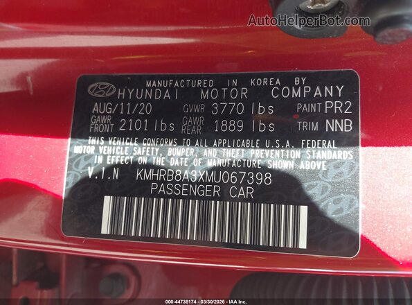 KMHRB8A3XMU067398 2021 HYUNDAI VENUE Red Engine compartment view
