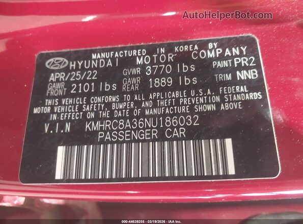 KMHRC8A36NU186032 2022 HYUNDAI VENUE Red 