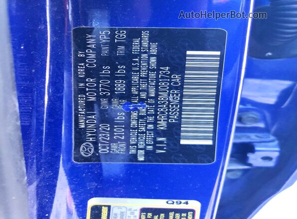 KMHRC8A38MU081734 2021 HYUNDAI VENUE Blue Widok naklejki z numerem VIN