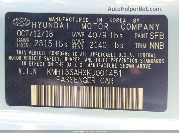 KMHT36AHXKU001451 2019 HYUNDAI VELOSTER Blue Widok komory silnika