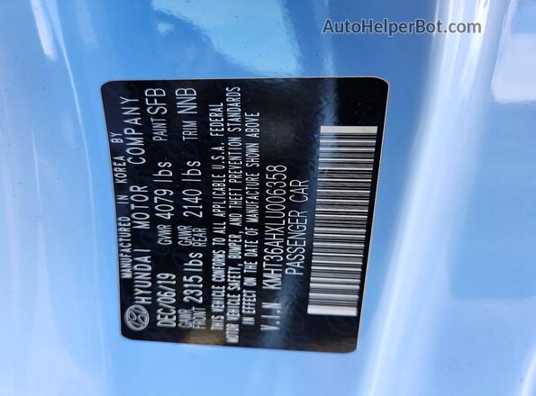 KMHT36AHXLU006358 2020 HYUNDAI VELOSTER Blue VIN կոդի պիտակի տեսք