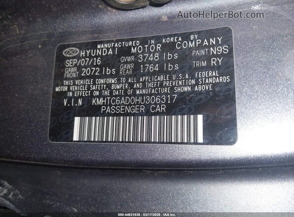 KMHTC6AD0HU306317 2017 HYUNDAI VELOSTER Gray Вид підкапотного простору