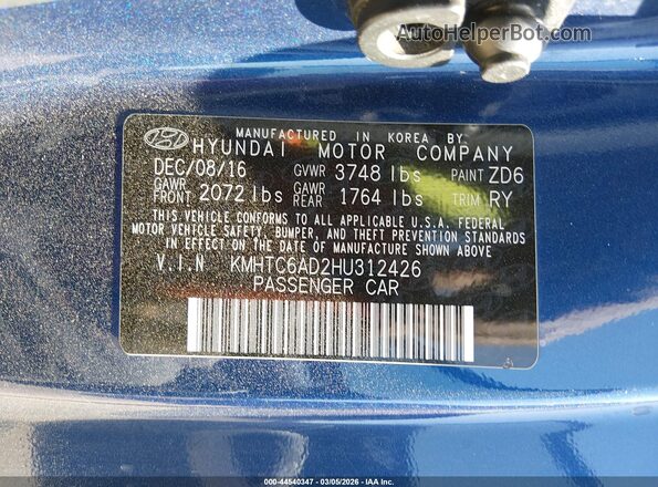 KMHTC6AD2HU312426 2017 HYUNDAI VELOSTER Синий Вид подкапотного пространства