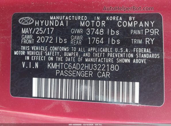 KMHTC6AD2HU322180 2017 HYUNDAI VELOSTER Red Engine compartment view