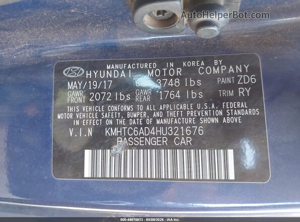 KMHTC6AD4HU321676 2017 HYUNDAI VELOSTER Blue Engine compartment view
