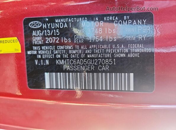 KMHTC6AD5GU270851 2016 HYUNDAI VELOSTER Red ძრავის განყოფილების ხედი