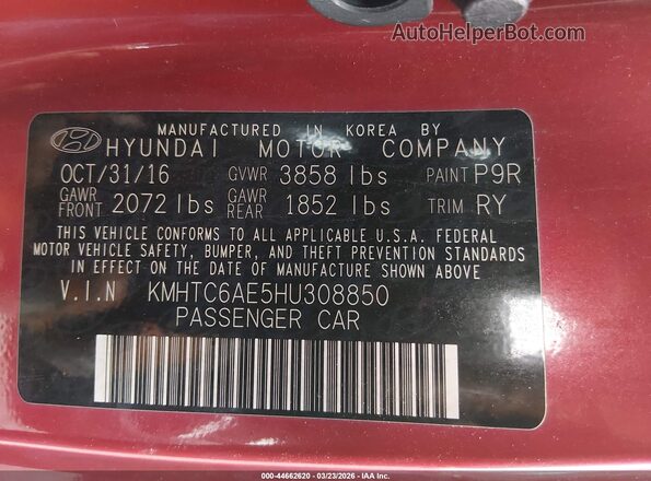 KMHTC6AE5HU308850 2017 HYUNDAI VELOSTER Red Engine compartment view