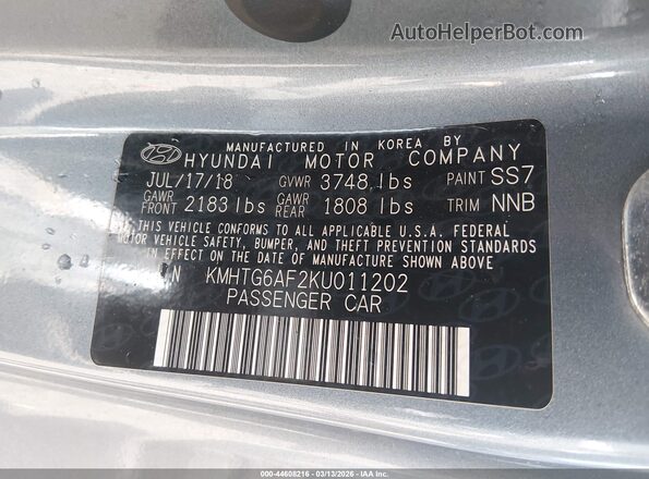KMHTG6AF2KU011202 2019 HYUNDAI VELOSTER Серый Вид подкапотного пространства