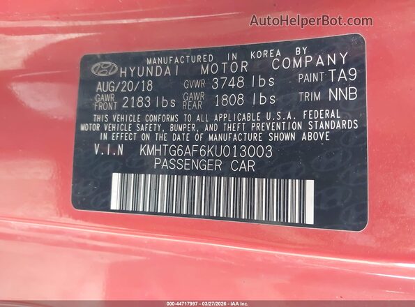 KMHTG6AF6KU013003 2019 HYUNDAI VELOSTER Orange 