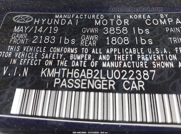 KMHTH6AB2LU022387 2020 HYUNDAI VELOSTER Black Engine compartment view