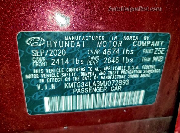 KMTG34LA3MU072893 2021 GENESIS G70 Red VIN sticker view