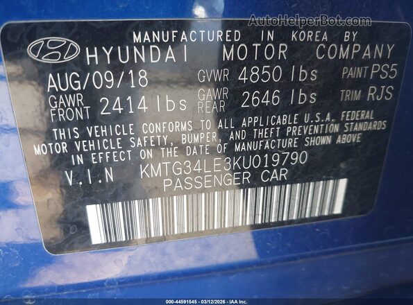 KMTG34LE3KU019790 2019 GENESIS G70 Blue Vista del compartimento del motor