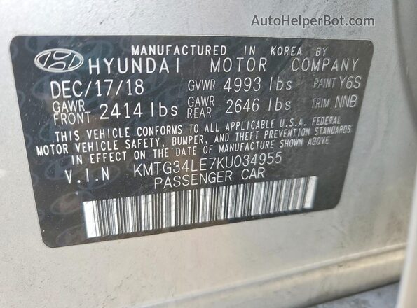KMTG34LE7KU034955 2019 GENESIS G70 Серебряный Вид наклейки с VIN-кодом