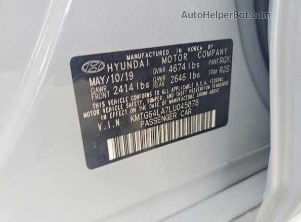 KMTG64LA7LU045878 2020 GENESIS G70 Silver Widok naklejki z numerem VIN