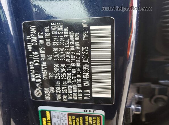 KMUHB4SB9NU091379 2022 GENESIS GV80 Blue Widok naklejki z numerem VIN