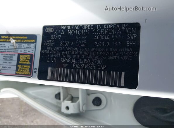 KNAGU4LE0H5012730 2017 KIA OPTIMA HYBRID White Widok komory silnika