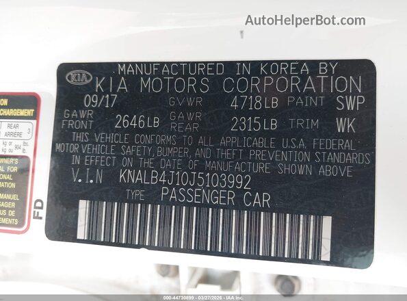 KNALB4J10J5103992 2018 KIA CADENZA Белый Вид подкапотного пространства