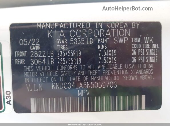 KNDC34LA5N5059703 2022 KIA EV6 White 