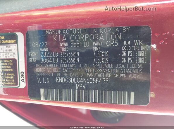 KNDC3DLC4N5086456 2022 KIA EV6 Red Շարժիչի բաժամունքի տեսք