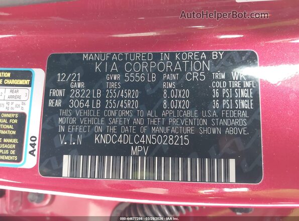 KNDC4DLC4N5028215 2022 KIA EV6 Red Շարժիչի բաժամունքի տեսք