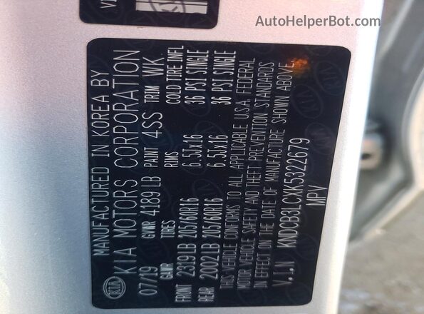 KNDCB3LCXK5322679 2019 KIA NIRO Silver 