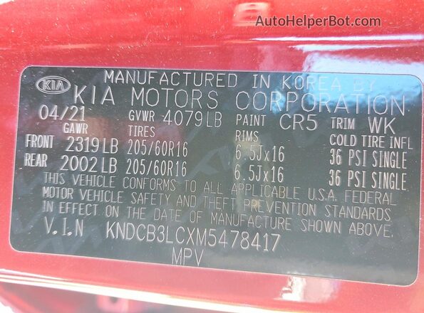 KNDCB3LCXM5478417 2021 KIA NIRO Burgundy Вид наклейки з VIN-кодом