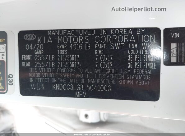 KNDCC3LG3L5041003 2020 KIA NIRO EV White Widok komory silnika