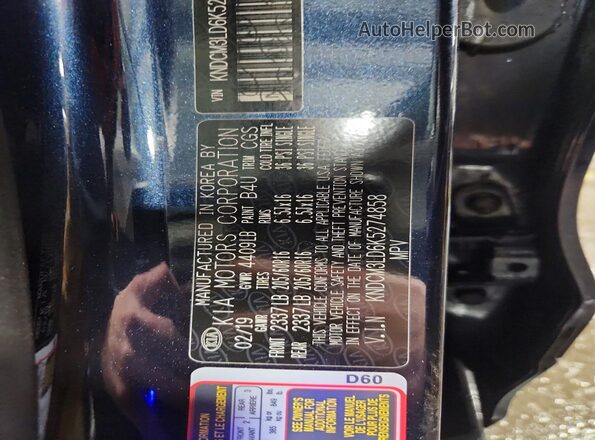 KNDCM3LD6K5274858 2019 KIA NIRO Blue VIN sticker view