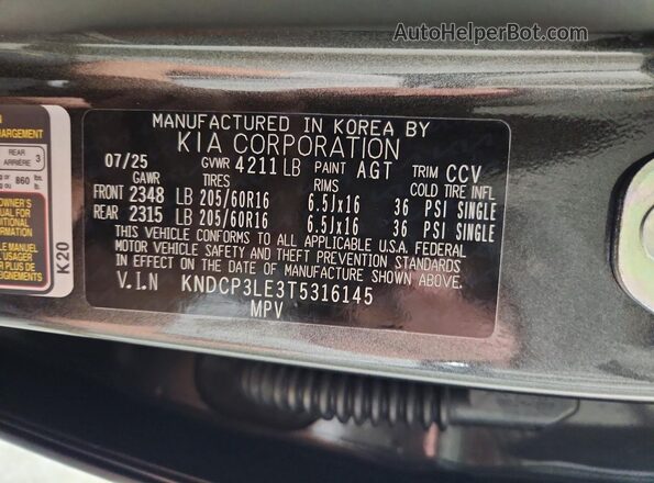 KNDCP3LE3T5316145 2026 KIA NIRO Black Вид наклейки з VIN-кодом
