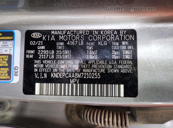 KNDEPCAA8M7210255 2021 KIA SELTOS Gray Vista de la etiqueta del VIN